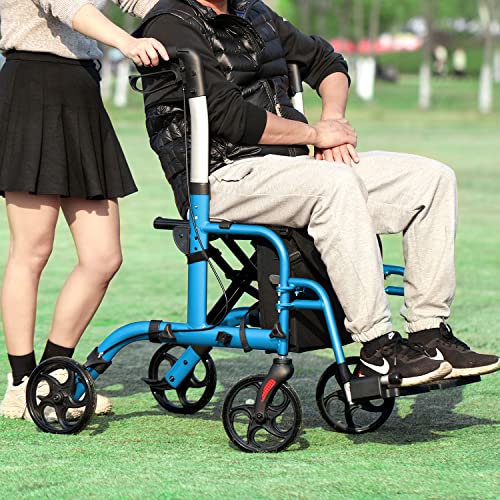 20602 LITELEPH 2 in 1 Rollator Walker with Seat Reversible Backrest and Detachable Footrests Transport Chair Lightweight Foldable for Adults Blue by LITELEPH