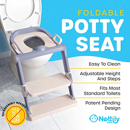 NETTILY Potty Training Seat for Toddler Boys & Girls - Toddlers FOLDABLE Potty Training Toilet Seat with Ladder - PORTABLE Kids Potty Seat Toilet Chair Step Stool Trainer for Children, NO TOOLS NEEDED from Nettily Baby