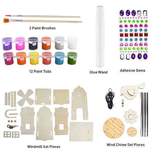 Klever Kits 2 Pack DIY Kid Art Craft Wood Toy Set Including DIY Outdoor Bird House Kit, Wooden Wind Chimes, Paints, Brushes, Glue & Diamond Stickers Sheet for Kids Girls Boys Toddlers from Joyin Inc