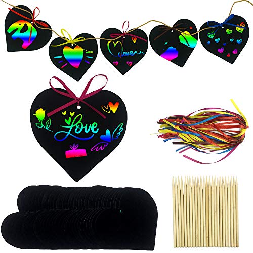 48 Pcs Valentine's Day Scratch Paper Art Rainbow Heart-shaped Scratch Craft Art with Wooden Styluses and Ribbons for Kids Decorative Arts and Crafts Valentine's Day Wedding from PARSUP