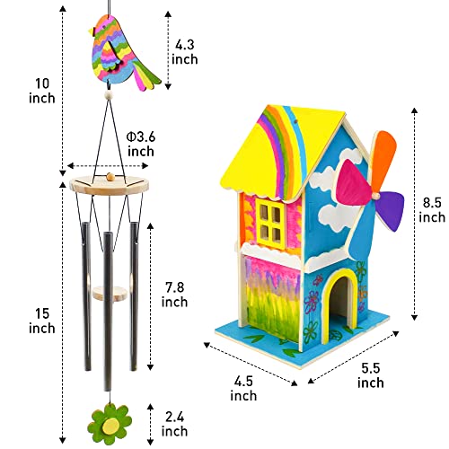 Klever Kits 2 Pack DIY Kid Art Craft Wood Toy Set Including DIY Outdoor Bird House Kit, Wooden Wind Chimes, Paints, Brushes, Glue & Diamond Stickers Sheet for Kids Girls Boys Toddlers from Joyin Inc