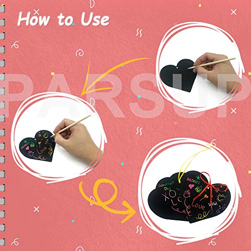 48 Pcs Valentine's Day Scratch Paper Art Rainbow Heart-shaped Scratch Craft Art with Wooden Styluses and Ribbons for Kids Decorative Arts and Crafts Valentine's Day Wedding from PARSUP