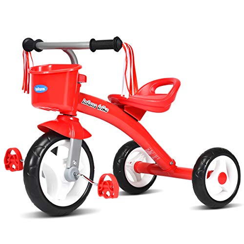 INFANS Kids Tricycle Rider with Adjustable Seat, Storage Basket, Premium Quiet Wheels, Non-Slip Handle (Red) by INFANS