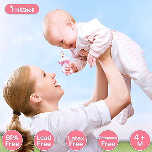Food Feeder Baby Fresh Fruit Feeder (2 Pack) with 3 Different Sized Silicone Pacifiers, Mash and Serve Bowl with 4 Soft-Tip Silicone Baby Spoons, Perfect Baby First Stage Feeding Set by MICHEF by MICHEF