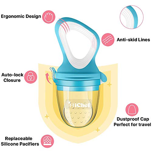 Food Feeder Baby Fresh Fruit Feeder (2 Pack) with 3 Different Sized Silicone Pacifiers, Mash and Serve Bowl with 4 Soft-Tip Silicone Baby Spoons, Perfect Baby First Stage Feeding Set by MICHEF by MICHEF