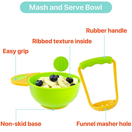 Food Feeder Baby Fresh Fruit Feeder (2 Pack) with 3 Different Sized Silicone Pacifiers, Mash and Serve Bowl with 4 Soft-Tip Silicone Baby Spoons, Perfect Baby First Stage Feeding Set by MICHEF by MICHEF