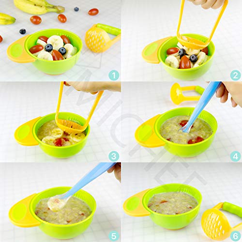 Food Feeder Baby Fresh Fruit Feeder (2 Pack) with 3 Different Sized Silicone Pacifiers, Mash and Serve Bowl with 4 Soft-Tip Silicone Baby Spoons, Perfect Baby First Stage Feeding Set by MICHEF by MICHEF
