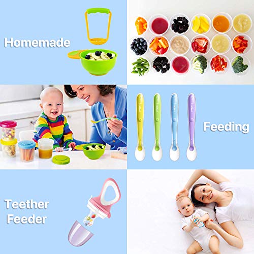 Food Feeder Baby Fresh Fruit Feeder (2 Pack) with 3 Different Sized Silicone Pacifiers, Mash and Serve Bowl with 4 Soft-Tip Silicone Baby Spoons, Perfect Baby First Stage Feeding Set by MICHEF by MICHEF