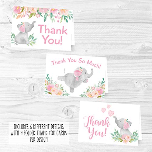 24 Pink Floral Elephant Baby Shower Thank You Cards With Envelopes, Kids Thank You Note, Vintage Animal 4x6 Varied Gratitude Card Pack For Party, Kids Girl Children Birthday, Modern Event Stationery by Hadley Designs