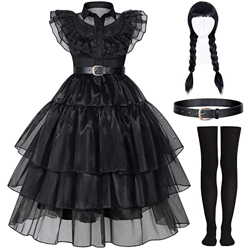Wednesday Addams Dress Up Costume for Girls Birthday Halloween Cosplay Party with Wig Socks Belts 8-9 Years (140cm) by Bosvin