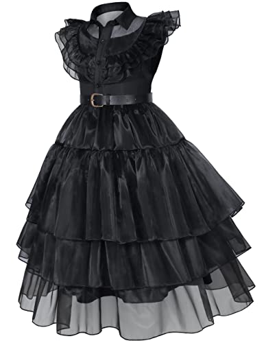 Wednesday Addams Dress Up Costume for Girls Birthday Halloween Cosplay Party with Wig Socks Belts 8-9 Years (140cm) by Bosvin