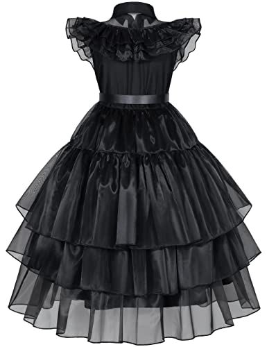 Wednesday Addams Dress Up Costume for Girls Birthday Halloween Cosplay Party with Wig Socks Belts 8-9 Years (140cm) by Bosvin