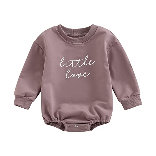 Baby Girls Boy Oversized Sweatshirt Romper Newborn Infant Long Sleeve Crewneck Bubble Onesie Sweater Pullover Top Valentines Day Outfit Fall Clothes (Purple Little Love, 3-6 Months) by KOSUSANILL