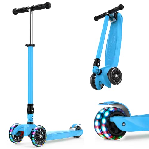 IMMEK Kick Scooter for Kids 3 Wheels Folding Ages 3-12 Years Old Toddler with Three LED Light Wheel, Adjustable Height, Rear Brake, Outdoor Activities for Boys/Girls Maximum Weight 110 lb (Blue) from IMMEK