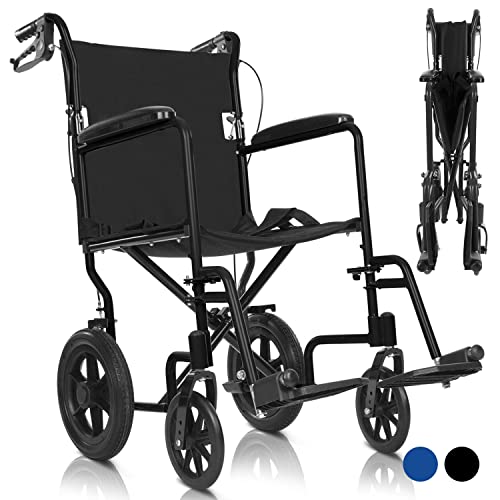 Vive Mobility Folding Transport Wheelchair - Aluminum Chair with Hand Brake - Lightweight, Foldable, Travel Manual Mobility Aid - Ultralight Comfortable 19 Inch Wide Bariatric Handicap Seat (Black) from Vive Health