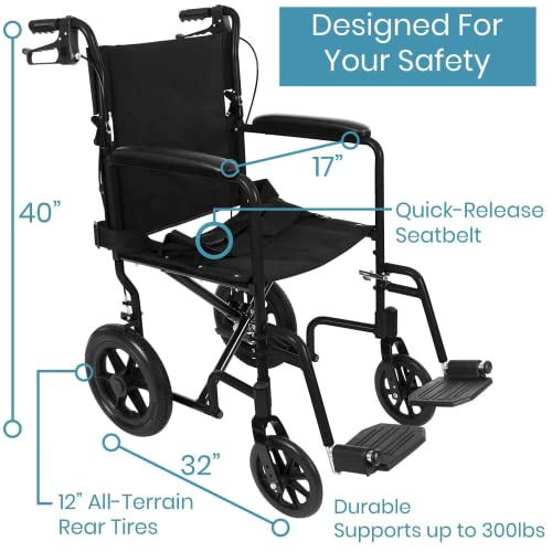 Vive Mobility Folding Transport Wheelchair - Aluminum Chair with Hand Brake - Lightweight, Foldable, Travel Manual Mobility Aid - Ultralight Comfortable 19 Inch Wide Bariatric Handicap Seat (Black) from Vive Health