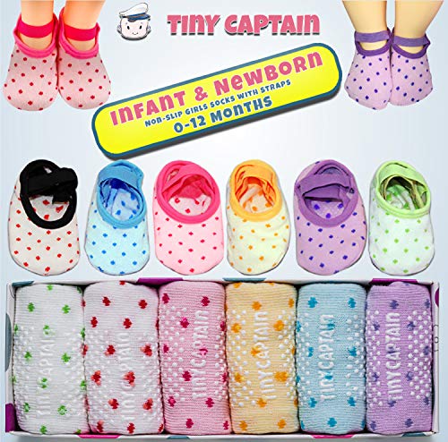 Tiny Captain Baby Toddler Girls Grip Socks 1-3 Year Old Anti Slip w/ Strap Socks Girl 1 Yr Old Gift (Rainbow - 6 Pairs, 1-3T) by 