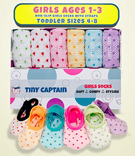 Tiny Captain Baby Toddler Girls Grip Socks 1-3 Year Old Anti Slip w/ Strap Socks Girl 1 Yr Old Gift (Rainbow - 6 Pairs, 1-3T) by 