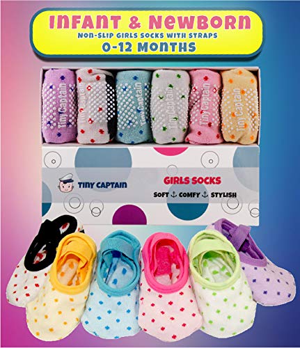 Tiny Captain Baby Toddler Girls Grip Socks 1-3 Year Old Anti Slip w/ Strap Socks Girl 1 Yr Old Gift (Rainbow - 6 Pairs, 1-3T) by 
