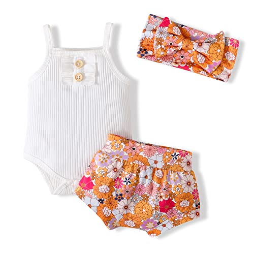GRNSHTS Infants Baby Girls Summer Shorts Set Knit Sleeveless Romper Bodysuit+Floral Bloomers+Headband Clothes Outfit (White, 0-3Months) by 