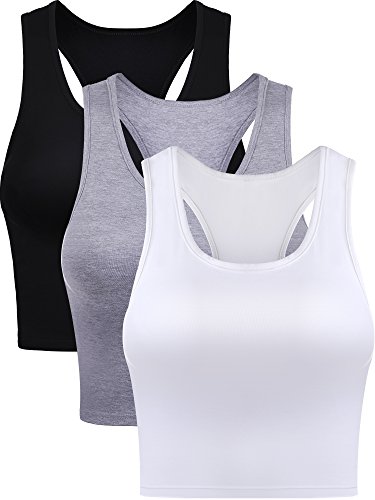 3 Pieces Crop Tops for Women, Workout Tops Basic Cropped Tank Tops Sleeveless Racerback Sports Gym Crop Tank for Teen Girls (Black, White, Grey, XX-Large) from 