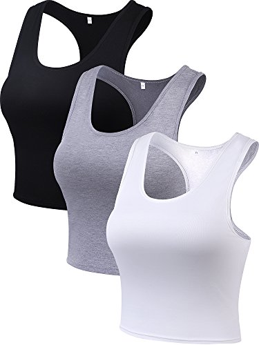 3 Pieces Crop Tops for Women, Workout Tops Basic Cropped Tank Tops Sleeveless Racerback Sports Gym Crop Tank for Teen Girls (Black, White, Grey, XX-Large) from 