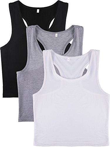 3 Pieces Crop Tops for Women, Workout Tops Basic Cropped Tank Tops Sleeveless Racerback Sports Gym Crop Tank for Teen Girls (Black, White, Grey, XX-Large) from 