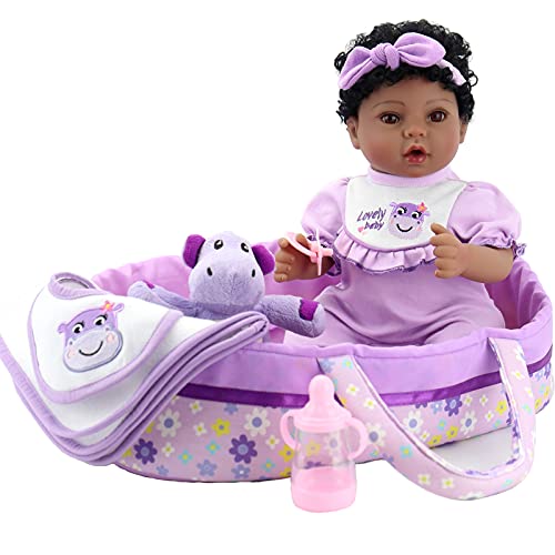 Aori Black Reborn Baby Doll Purple Bassinet 18 inch Lifelke Baby Girl Doll in Soft Vinly and Weighted Body with 8-Piece Gift Set by Aori