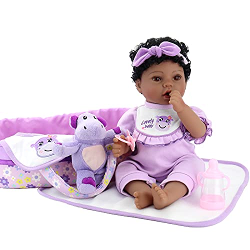 Aori Black Reborn Baby Doll Purple Bassinet 18 inch Lifelke Baby Girl Doll in Soft Vinly and Weighted Body with 8-Piece Gift Set by Aori