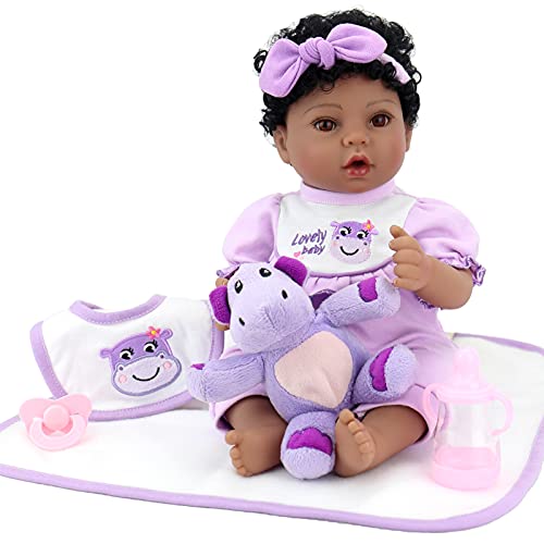 Aori Black Reborn Baby Doll Purple Bassinet 18 inch Lifelke Baby Girl Doll in Soft Vinly and Weighted Body with 8-Piece Gift Set by Aori