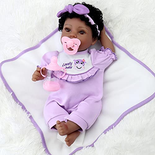 Aori Black Reborn Baby Doll Purple Bassinet 18 inch Lifelke Baby Girl Doll in Soft Vinly and Weighted Body with 8-Piece Gift Set by Aori