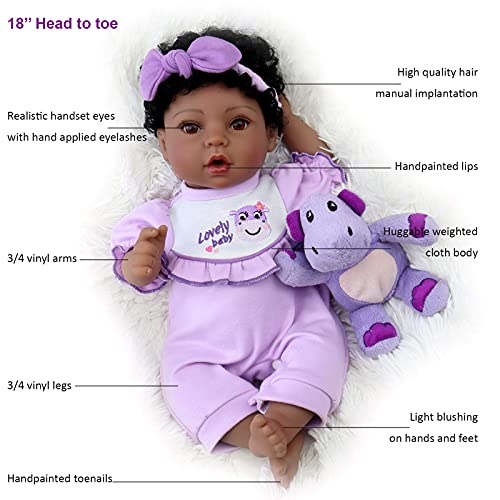 Aori Black Reborn Baby Doll Purple Bassinet 18 inch Lifelke Baby Girl Doll in Soft Vinly and Weighted Body with 8-Piece Gift Set by Aori
