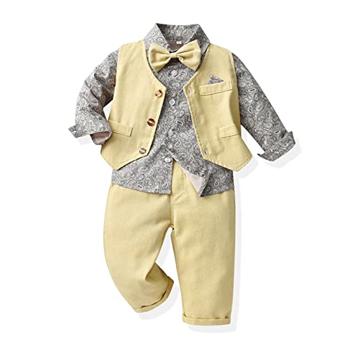 Baby Boy Casual Suit 2pcs Long Sleeve Clothes Set Bowtie Overall Suspender Pocket Button Formal Suits for Wedding Party Yellow by Generic