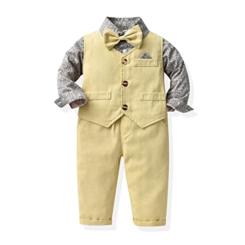 Baby Boy Casual Suit 2pcs Long Sleeve Clothes Set Bowtie Overall Suspender Pocket Button Formal Suits for Wedding Party Yellow by Generic