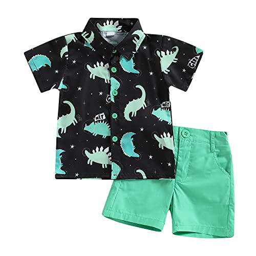 Toddler Baby Boy Clothes Shorts Set Dinosaur Print Shirt Short Sleeve Button Down Top Solid Shorts Summer Outfit (Dinosaur print Green, 18-24 Months) by Tsnbre