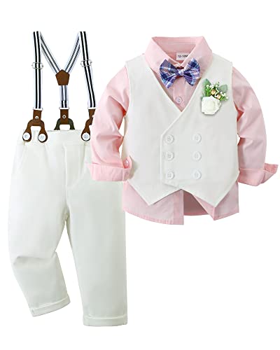 YALLET Toddler Baby Boy Clothes Suit Gentleman Wedding Outfits, Formal Dress Shirt+Bowtie+Vest+Boutonniere+Suspender Pants by 