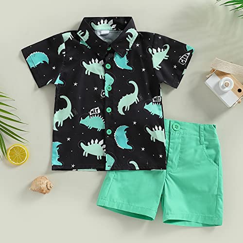 Toddler Baby Boy Clothes Shorts Set Dinosaur Print Shirt Short Sleeve Button Down Top Solid Shorts Summer Outfit (Dinosaur print Green, 18-24 Months) by Tsnbre