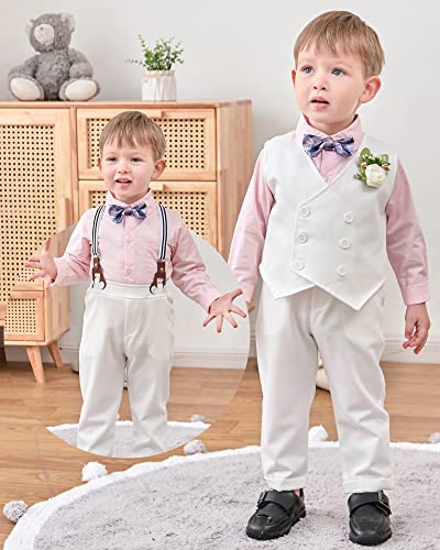 YALLET Toddler Baby Boy Clothes Suit Gentleman Wedding Outfits, Formal Dress Shirt+Bowtie+Vest+Boutonniere+Suspender Pants by 