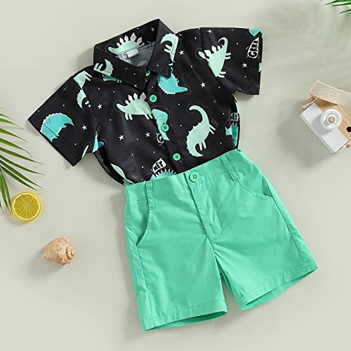 Toddler Baby Boy Clothes Shorts Set Dinosaur Print Shirt Short Sleeve Button Down Top Solid Shorts Summer Outfit (Dinosaur print Green, 18-24 Months) by Tsnbre