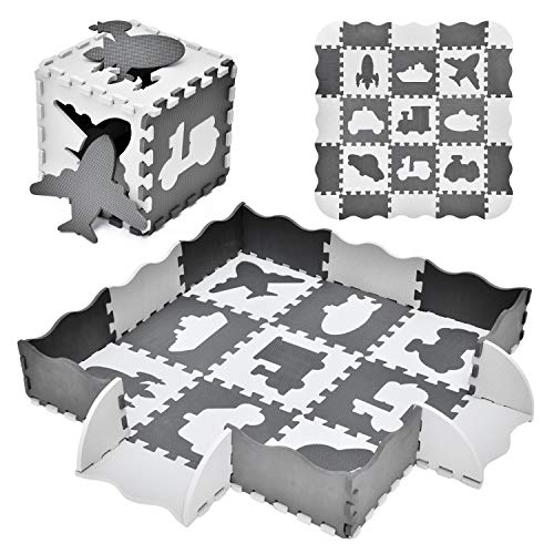 FUN LITTLE TOYS 25 PCs Baby Play Mat with Fence Including 9 Different Vehicle Styles, 0.47 inch Thick, Large Interlocking Foam Floor Tiles, Kids Room Decor by FUN LITTLE TOYS 25 PCs Baby Play Mat with Fence