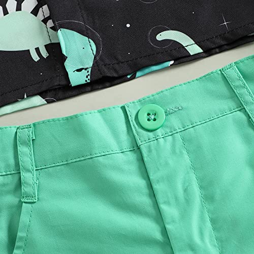 Toddler Baby Boy Clothes Shorts Set Dinosaur Print Shirt Short Sleeve Button Down Top Solid Shorts Summer Outfit (Dinosaur print Green, 18-24 Months) by Tsnbre
