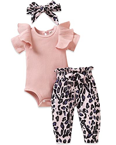 Preemie Newborn Baby Girls Clothes Infant Little Kids Romper Bodysuit Pants Headband Clothing Set Summer Outfits (Pink Leopard 01, Preemie) from 