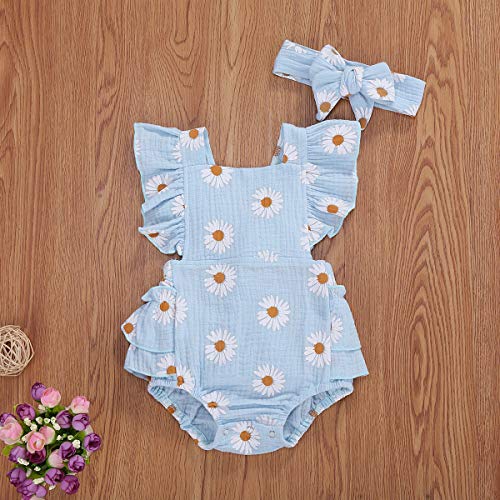Baby Girls Daisy Playsuits Ruffled Bodysuit+Headband Print Fly Sleeve Romper Floral Jumpsuit Infant Summer Clothes Blue by MA&BABY