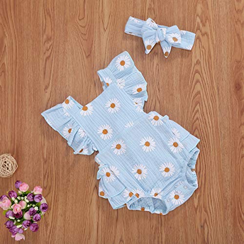 Baby Girls Daisy Playsuits Ruffled Bodysuit+Headband Print Fly Sleeve Romper Floral Jumpsuit Infant Summer Clothes Blue by MA&BABY
