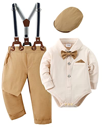 Baby Boy Clothes Gentleman Suit Outfits Bodysuit + Bowtie + Beret Hat + Suspender Pants(Khaki,6-12Mï¼ from 