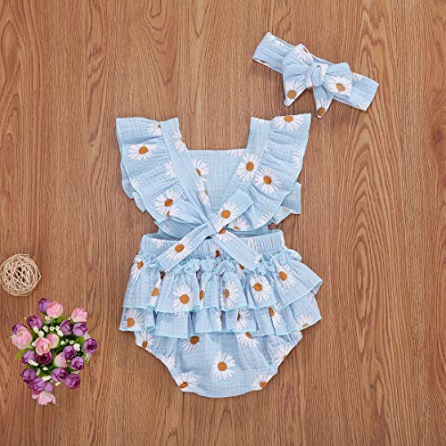 Baby Girls Daisy Playsuits Ruffled Bodysuit+Headband Print Fly Sleeve Romper Floral Jumpsuit Infant Summer Clothes Blue by MA&BABY