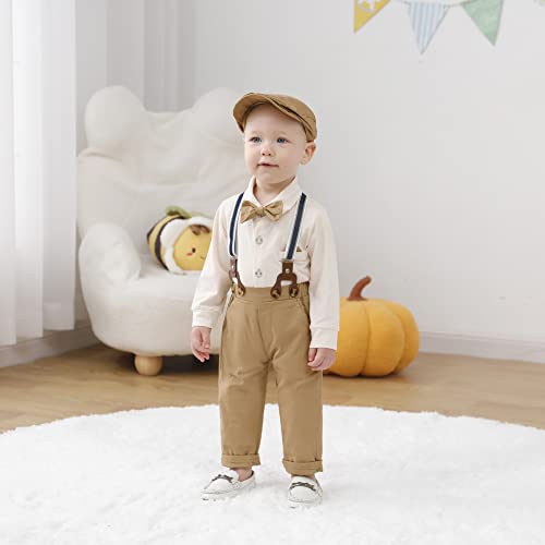 Baby Boy Clothes Gentleman Suit Outfits Bodysuit + Bowtie + Beret Hat + Suspender Pants(Khaki,6-12Mï¼ from 