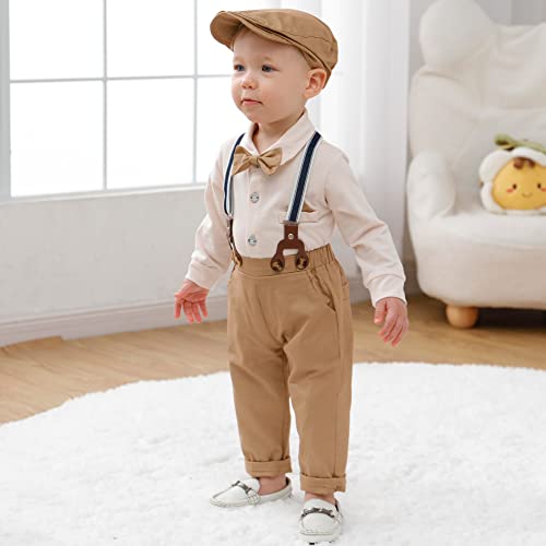Baby Boy Clothes Gentleman Suit Outfits Bodysuit + Bowtie + Beret Hat + Suspender Pants(Khaki,6-12Mï¼ from 