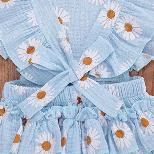 Baby Girls Daisy Playsuits Ruffled Bodysuit+Headband Print Fly Sleeve Romper Floral Jumpsuit Infant Summer Clothes Blue by MA&BABY