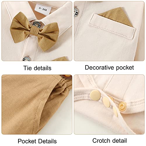 Baby Boy Clothes Gentleman Suit Outfits Bodysuit + Bowtie + Beret Hat + Suspender Pants(Khaki,6-12Mï¼ from 